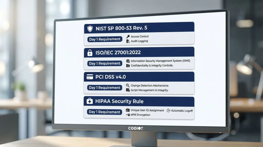 Enterprise MVP regulatory compliance standards Day 1 implementation requirements table