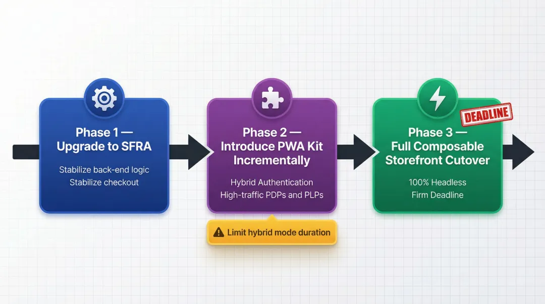 Three-phase SiteGenesis to SFRA to headless PWA Kit migration roadmap timeline