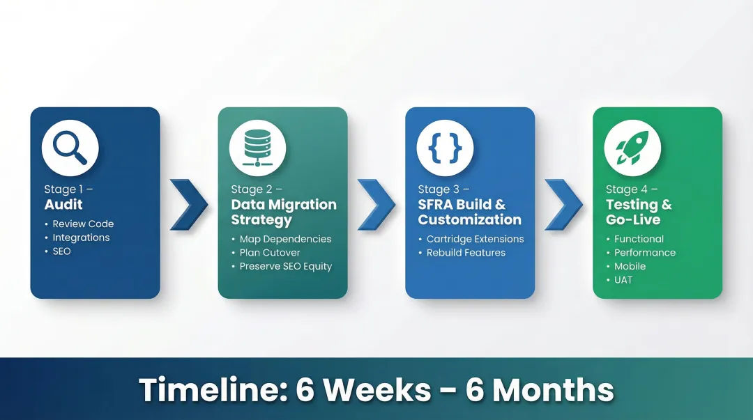 4-step SFRA migration process flow from audit to go-live launch