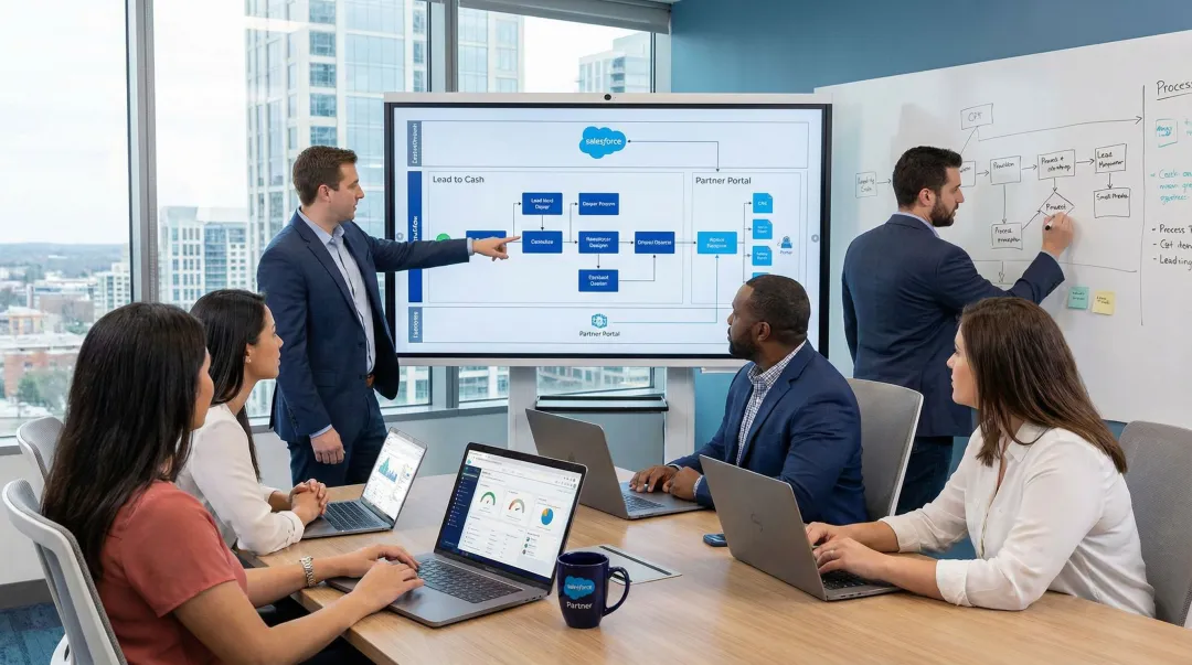 Salesforce implementation partner team reviewing business process workflow and CRM configuration