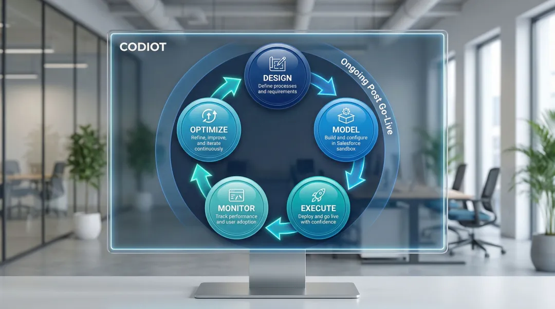 Five BPM stages of Salesforce implementation process flow diagram