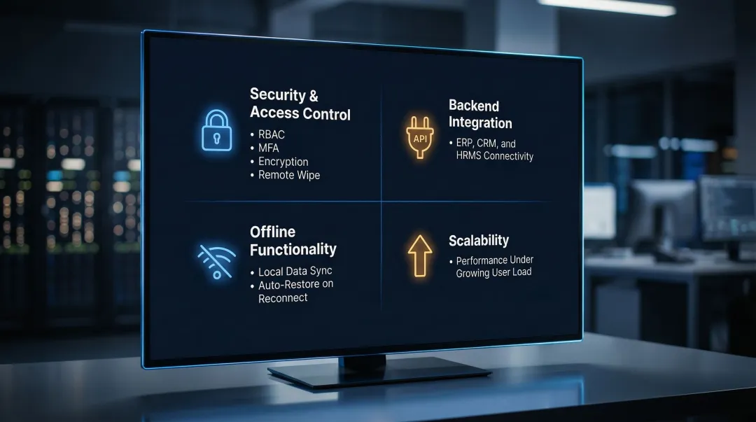 Enterprise mobile app essential features checklist covering security integration offline and scalability
