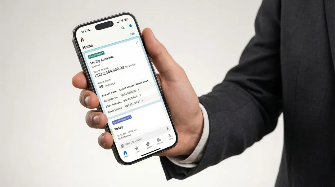 Salesforce Mobile CRM dashboard showing sales pipeline and customer data on smartphone