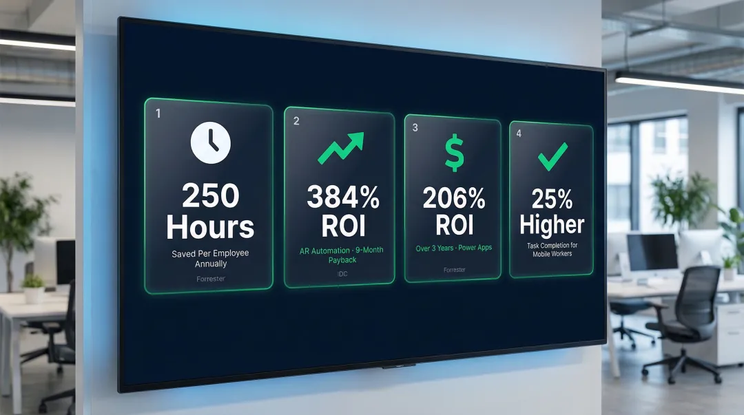 Enterprise mobile app ROI statistics showing productivity gains and cost reduction benchmarks