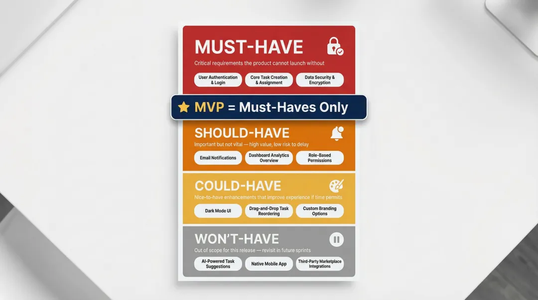 MoSCoW method feature prioritization framework four-category breakdown infographic