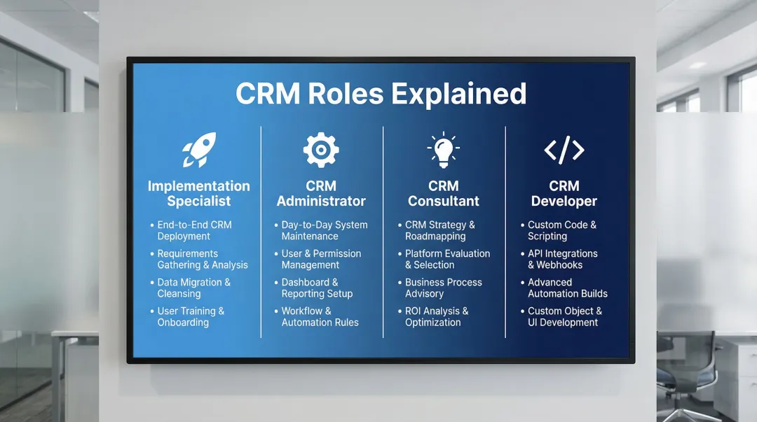 CRM role comparison chart showing specialist consultant administrator and developer differences