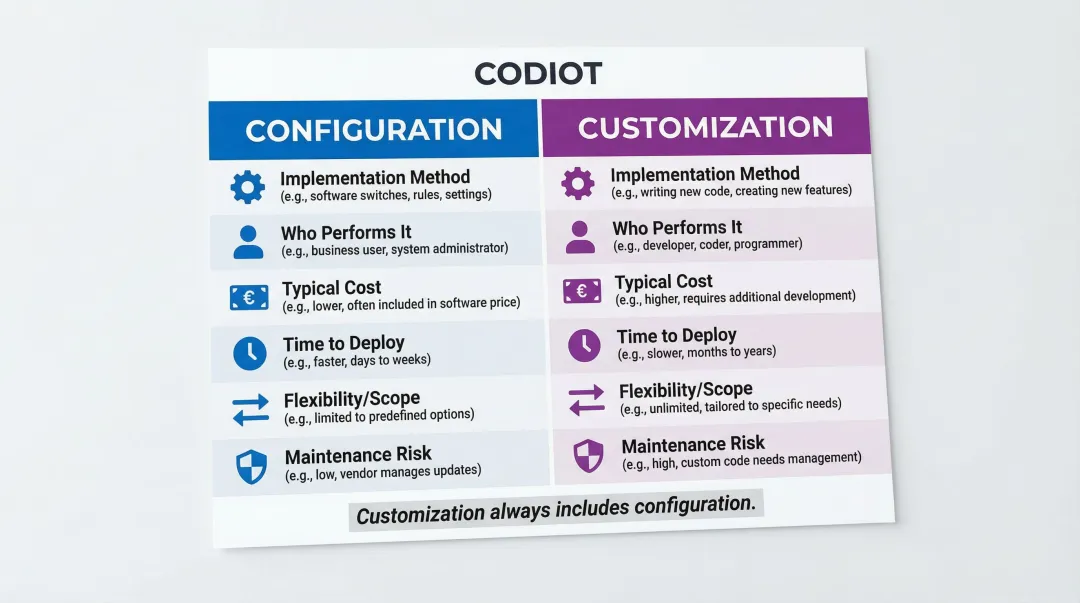 Salesforce configuration versus customization six-dimension side-by-side comparison infographic