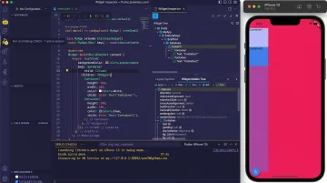Flutter mobile app development interface showing Dart code and rendered UI preview
