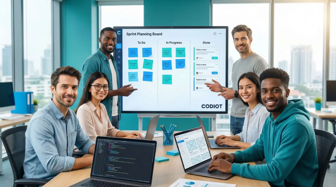 Startup development team collaborating remotely on MVP sprint planning board