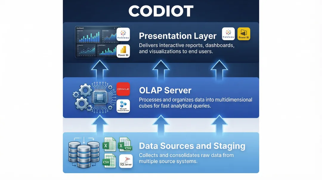 Three-tier data warehouse architecture diagram from data sources to presentation layer