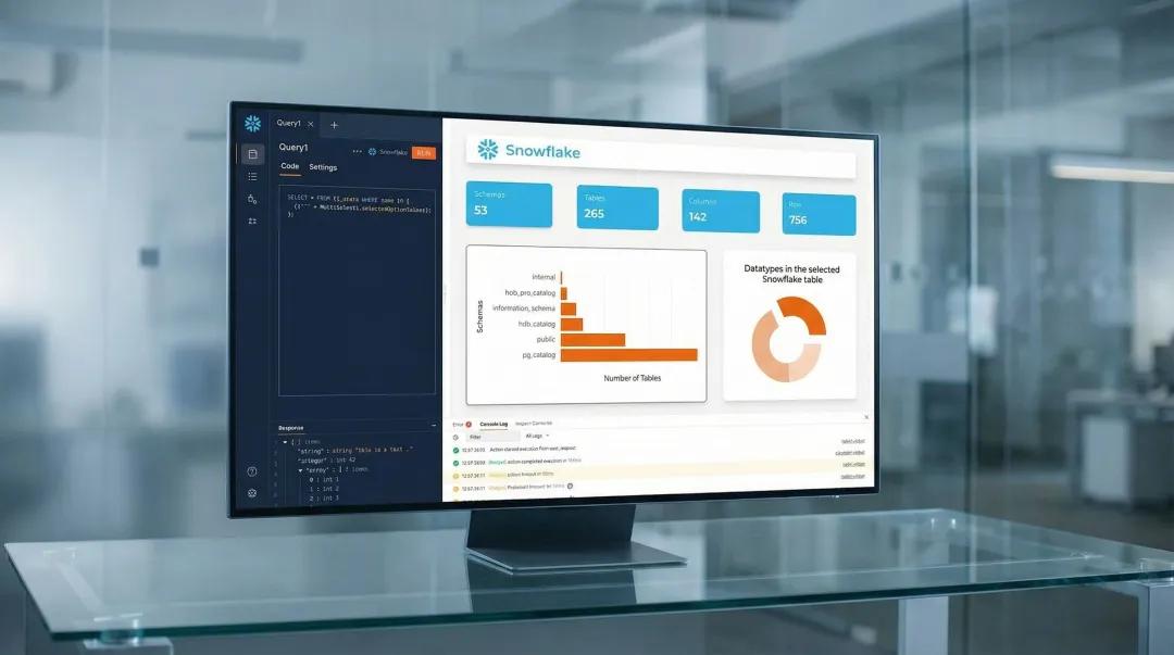 Modern cloud data warehouse platform interface showing AI query optimization and analytics dashboard