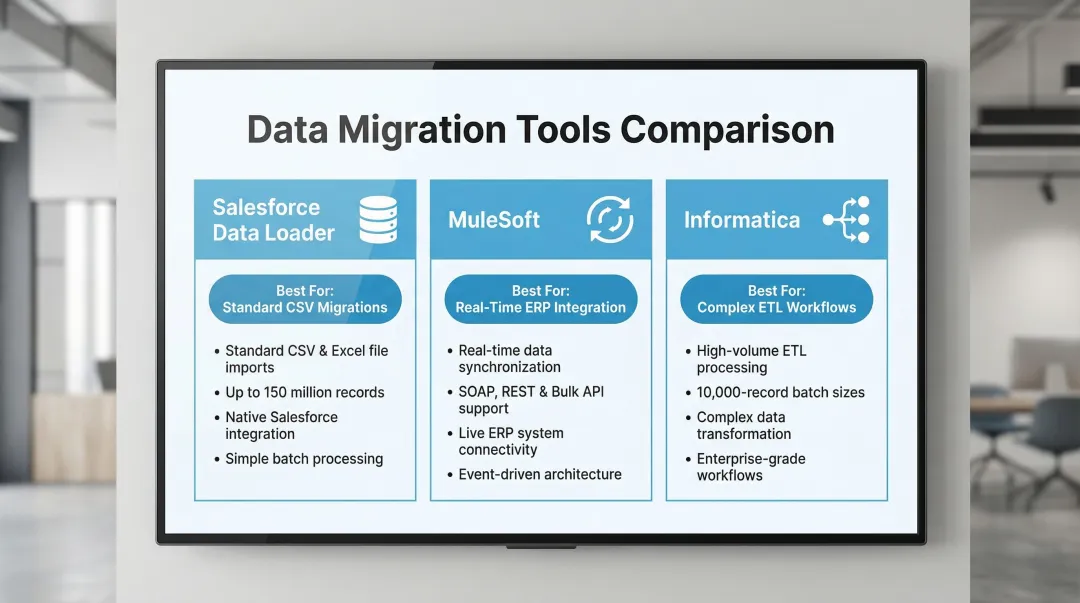 Salesforce data migration tool comparison showing Salesforce Data Loader MuleSoft and Informatica