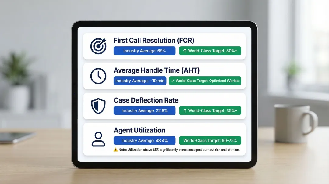 Customer service KPI benchmark comparison table with industry average and world-class targets