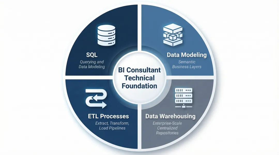 Core BI consultant technical skills SQL data modeling ETL warehousing breakdown