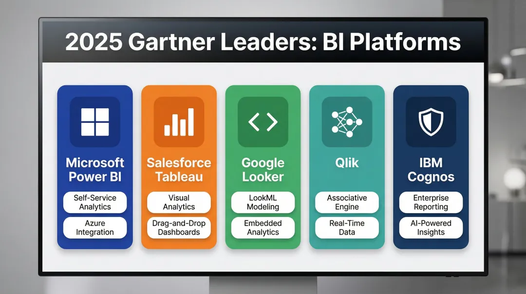 Top 5 BI platforms 2025 Gartner Leaders comparison features overview infographic
