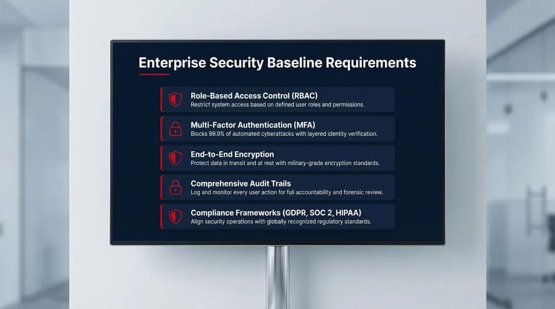 Five enterprise web application security requirements RBAC MFA encryption compliance checklist