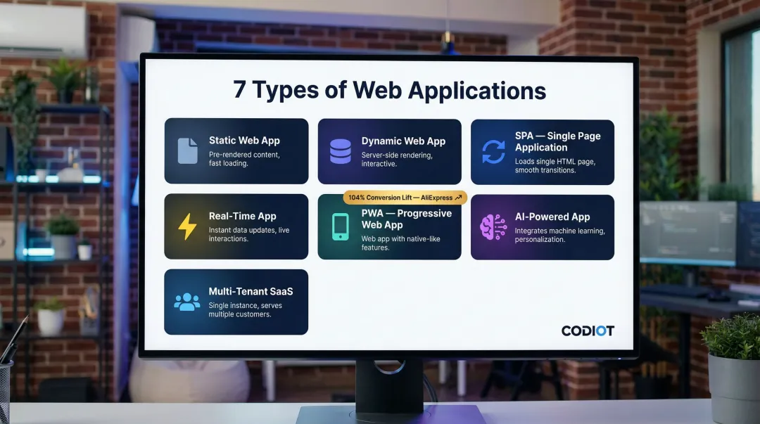 Seven types of custom web applications with functionality and use case overview
