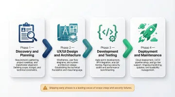 4-phase custom web application development lifecycle process flow diagram