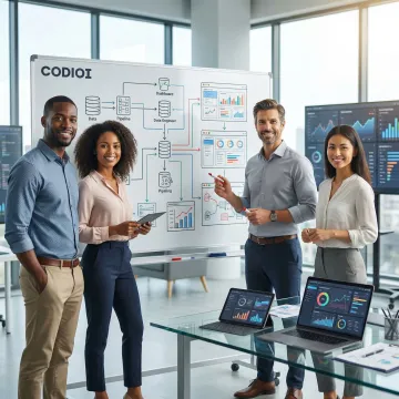 BI implementation team collaborating on data pipeline architecture and dashboard design