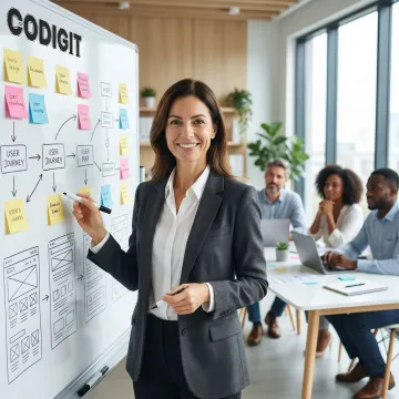 UX consultant presenting user journey map and research findings to a project team