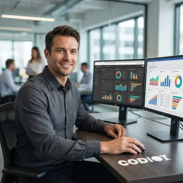 SQL Server Business Intelligence consultant reviewing data dashboards on multiple screens