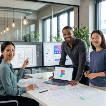 B2B UI/UX designers collaborating on wireframes and digital product prototypes