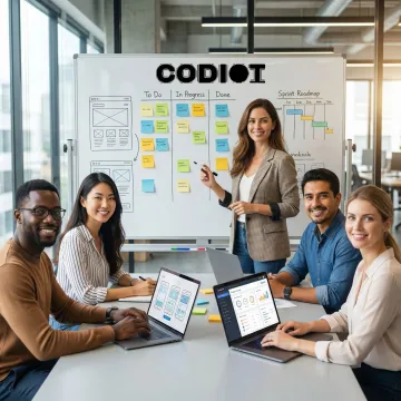 Agile development team reviewing sprint board and application prototypes in a modern office