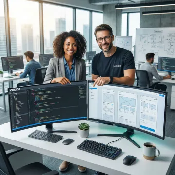 Software developers collaborating on a bespoke application at workstations with code on screens