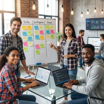 Web app development process steps illustrated with a team reviewing sprint boards and prototypes