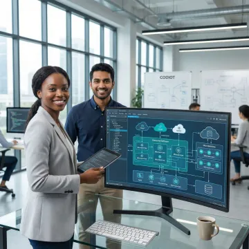 Enterprise software platform architecture diagram displayed on a large screen