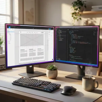 Web development process showing design wireframes and code on dual screens