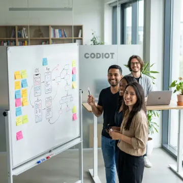 iOS app development process diagram showing stages from design to launch on a whiteboard
