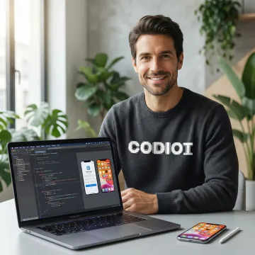 iOS mobile app developer working on iPhone application interface at a modern workstation