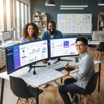 SaaS UI/UX design agency team collaborating on a product interface mockup