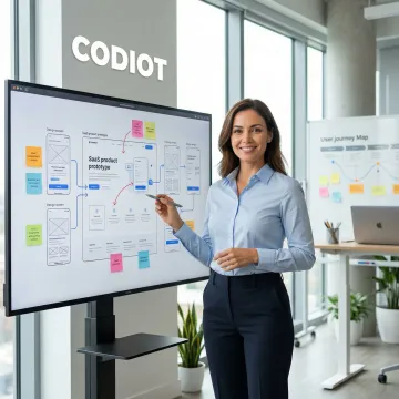SaaS UI/UX designer presenting a high-fidelity prototype on a tablet and monitor
