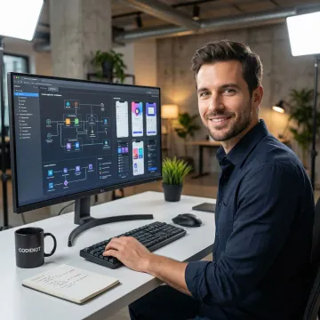 Custom application development process showing code, design mockups, and deployment workflow