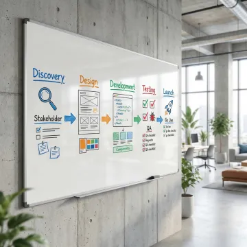 Enterprise website development process steps illustrated with a team workflow diagram