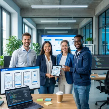 Ecommerce app development team reviewing wireframes and code on monitors