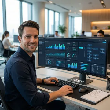 Enterprise software solution architecture displayed on a developer's workstation