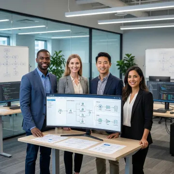 Enterprise application development team collaborating on scalable software solutions