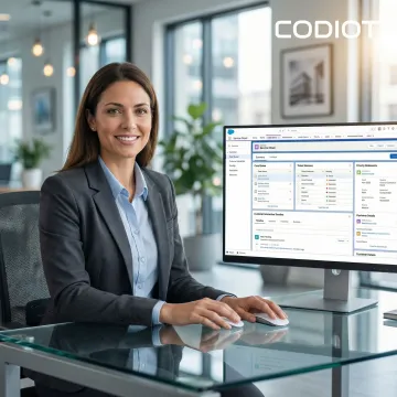 Salesforce Service Cloud consultant configuring a customer service dashboard on a laptop