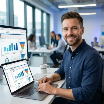 Salesforce developer customizing CRM dashboard on a laptop in a modern office