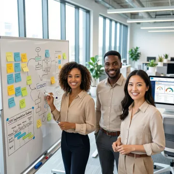 Salesforce development team collaborating on a project roadmap in a modern workspace