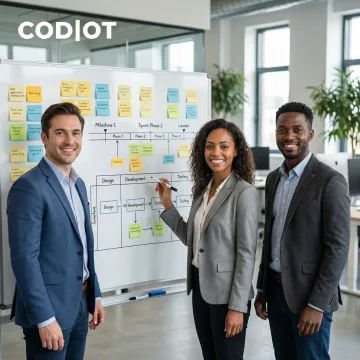 Web application development process steps shown on a whiteboard with team members