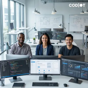 Developers collaborating on a web application project with code on screens