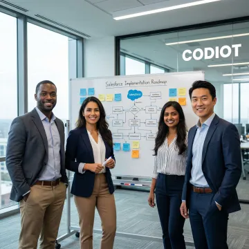 Salesforce implementation team collaborating on a project roadmap in a conference room