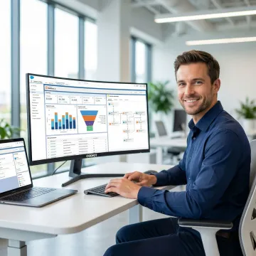 Salesforce implementation expert configuring CRM dashboard on a computer