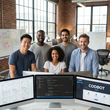 Developer team collaborating on MVP web application wireframes and code on multiple screens