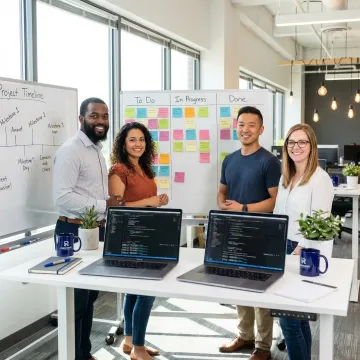 Agile development team reviewing sprint board and MVP web application progress