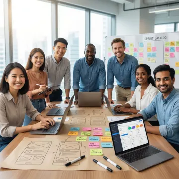 Team collaborating on mobile app development process with sticky notes and digital wireframes